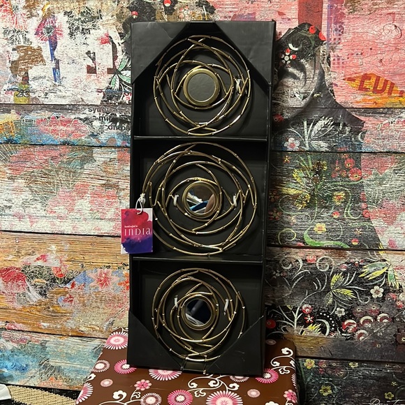 New Set 3 Handcrafted in India Gold-Tone Metal Mirrored “Bird Nests” Wall Decor - Picture 1 of 13